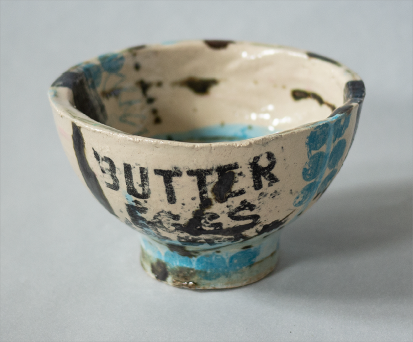 ceramic bowl artwork collage london experimental glazing, black, turquoise, blue, rose, beige