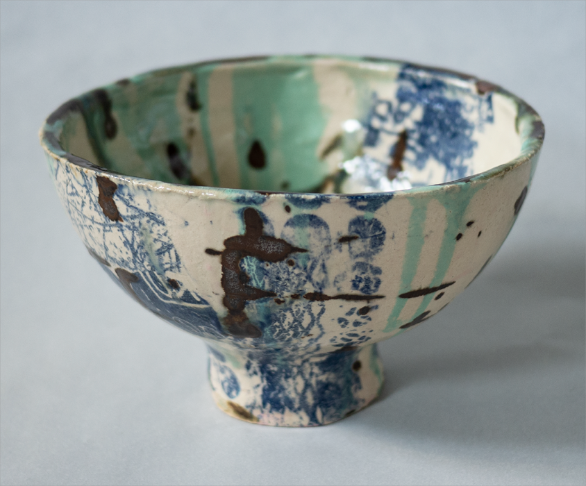 ceramic bowl artwork collage london experimental glazing, black, turquoise, blue, beige