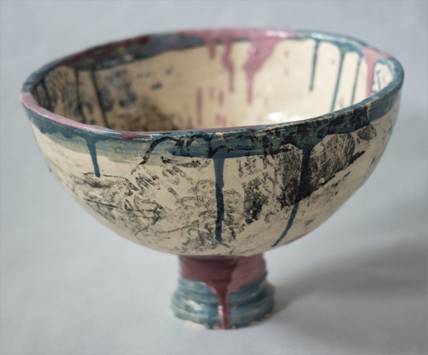 ceramic bowl artwork collage london experimental glazing, black, rose, blue, beige