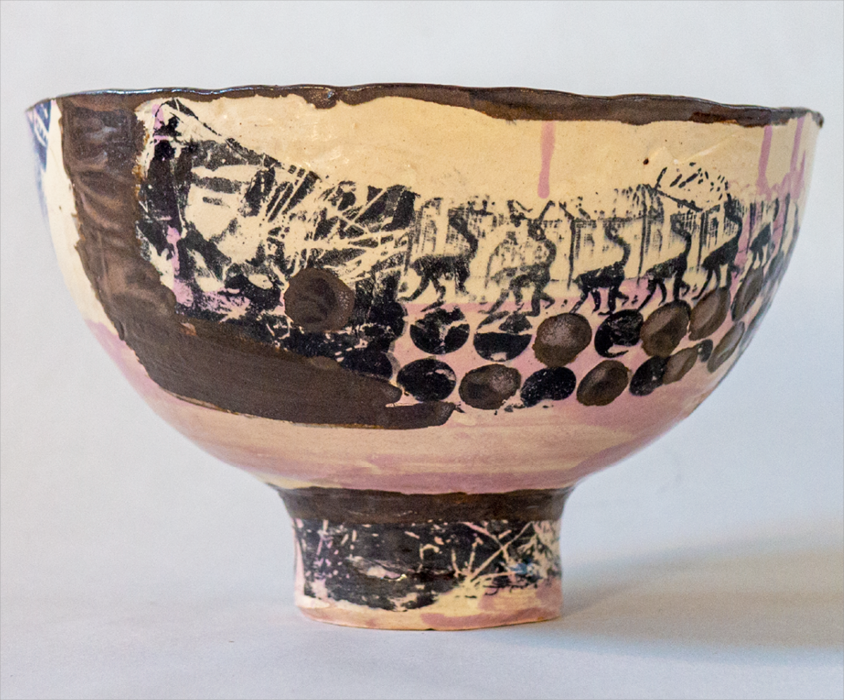 ceramic bowl artwork collage london experimental glazing, black, rose, blue, beige